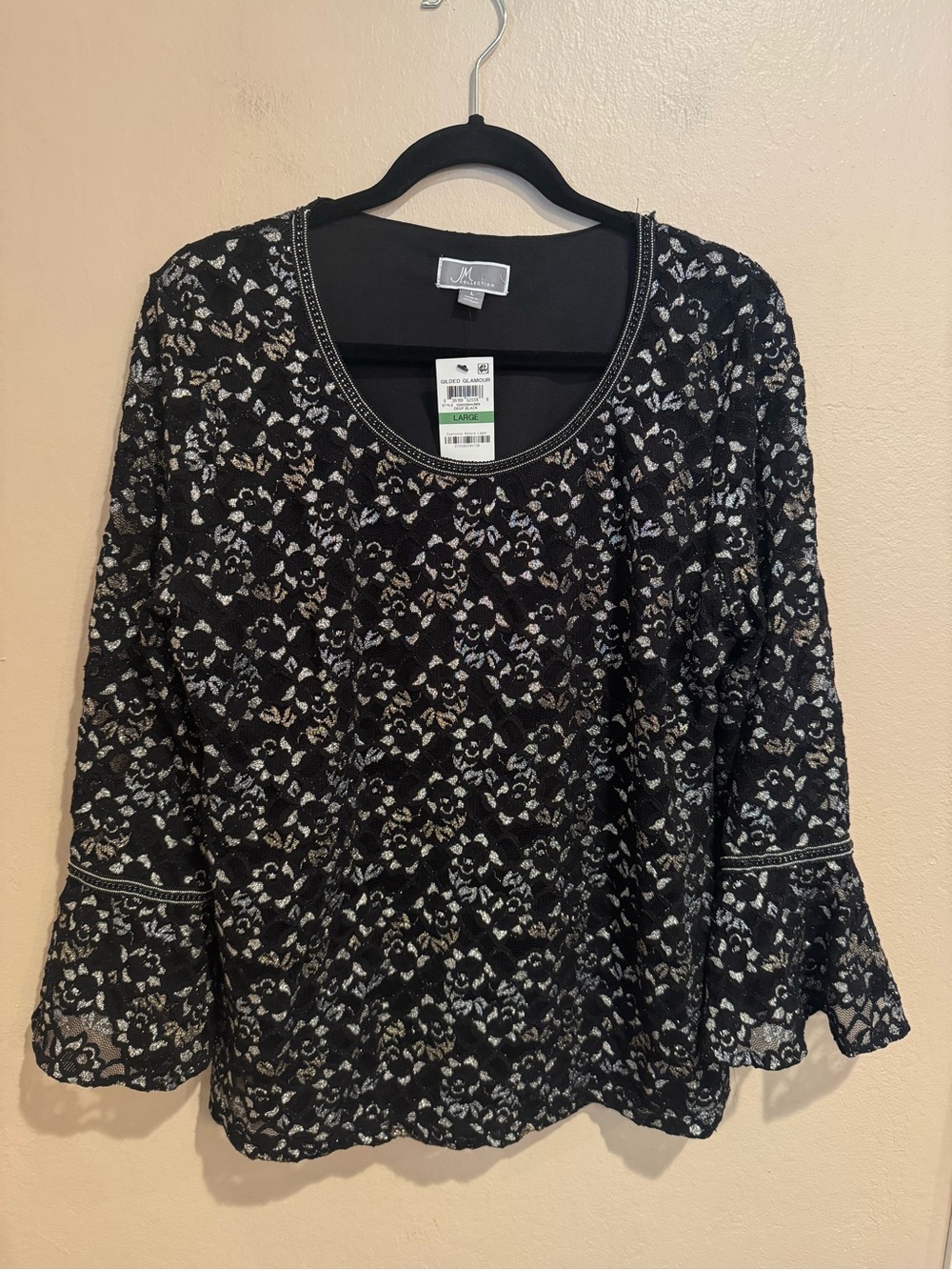 Black Metallic Scoop Neck, Lace Top W/Floral Shimmer Overlay & Sheer Bell Sleeve